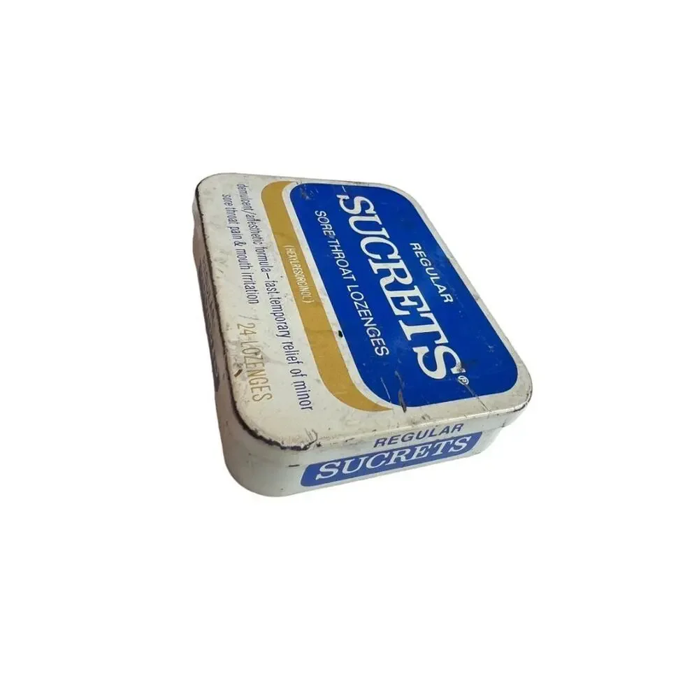 Vintage SUCRETS Tin Empty Sore Throat Lozenge Box Calgon Prop